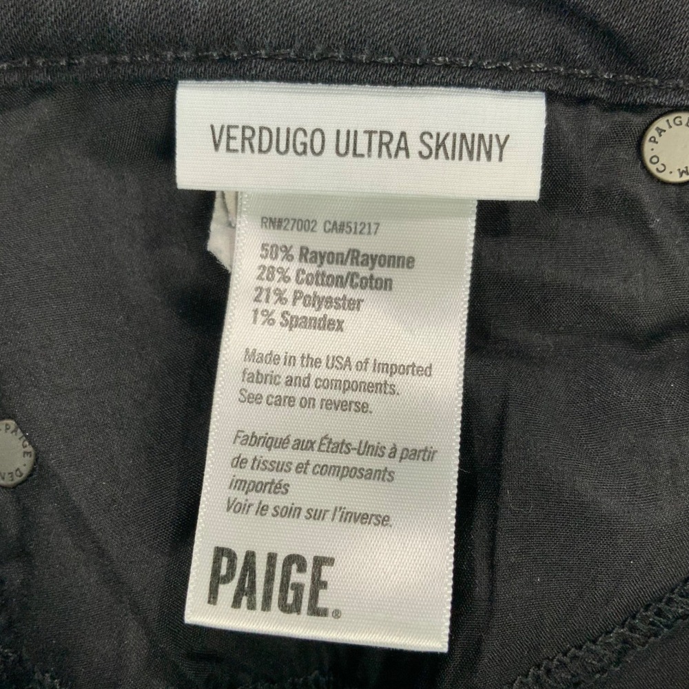 Paige Verdugo Ultra Skinny Black Jeans 30 Zip Button Fly Mid Rise Stretch Denim - Picture 5 of 7